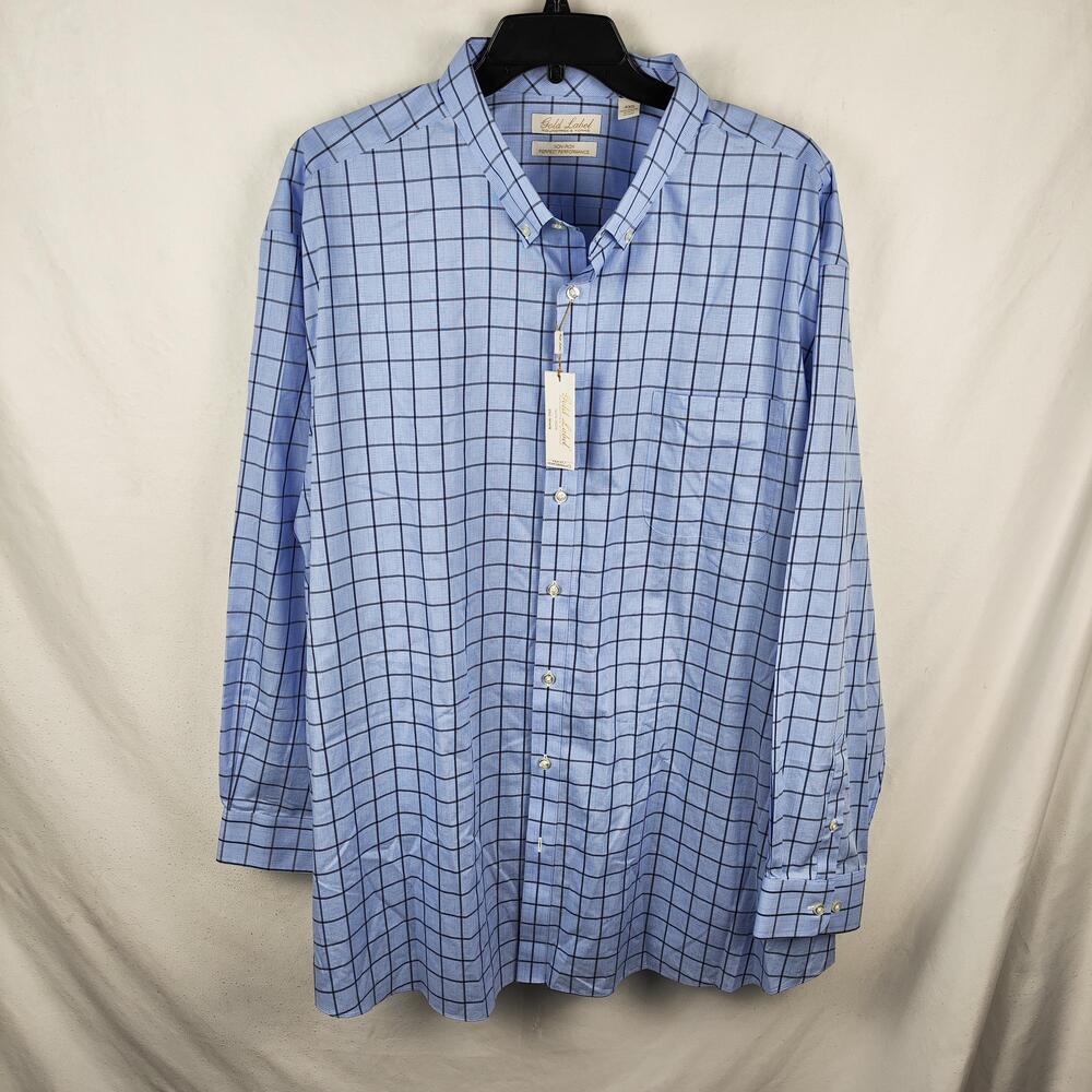 Roundtree & Yorke Gold Label Shirt Mens Big 4X Blue Check Non Iron Dress Cotton